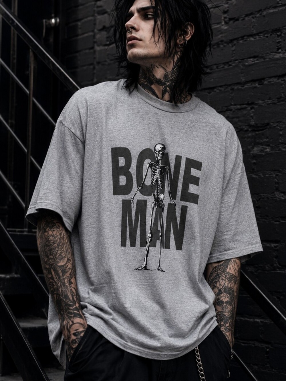 Bone Man Skeleton Graphic Tee XXL Gray Gildan Heavy Cotton Halloween Goth Unisex